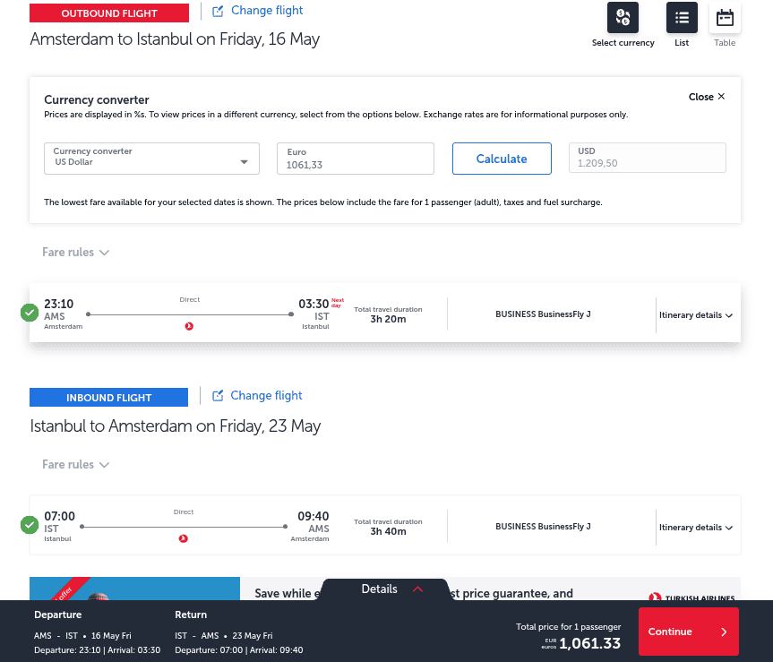 Roundtrip Turkish Airlines business class flight from Amsterdam to Istanbul on May 16 and return on May 23, priced at €1,061.33.