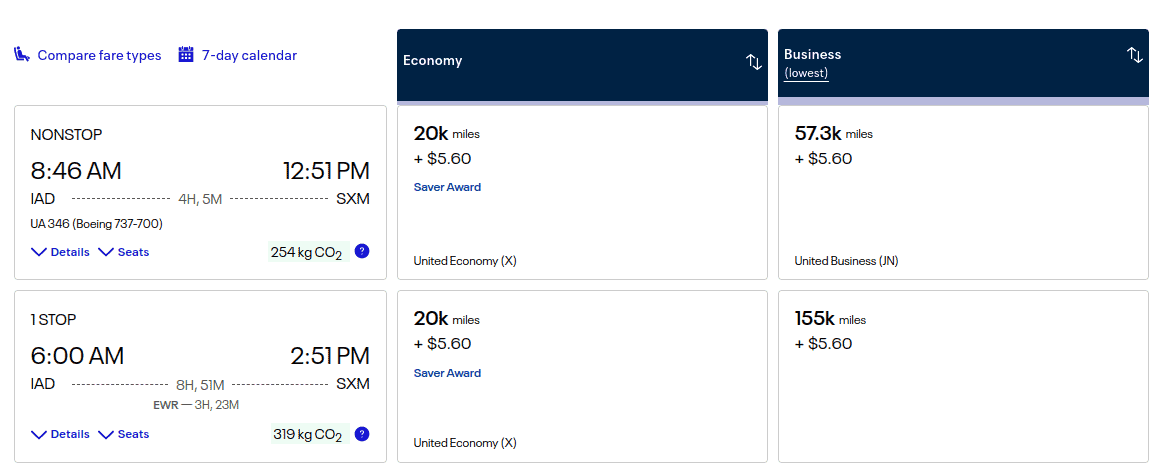 Economy saver award fares for 20,000 miles per way from Washington (IAD) to St. Maarten.