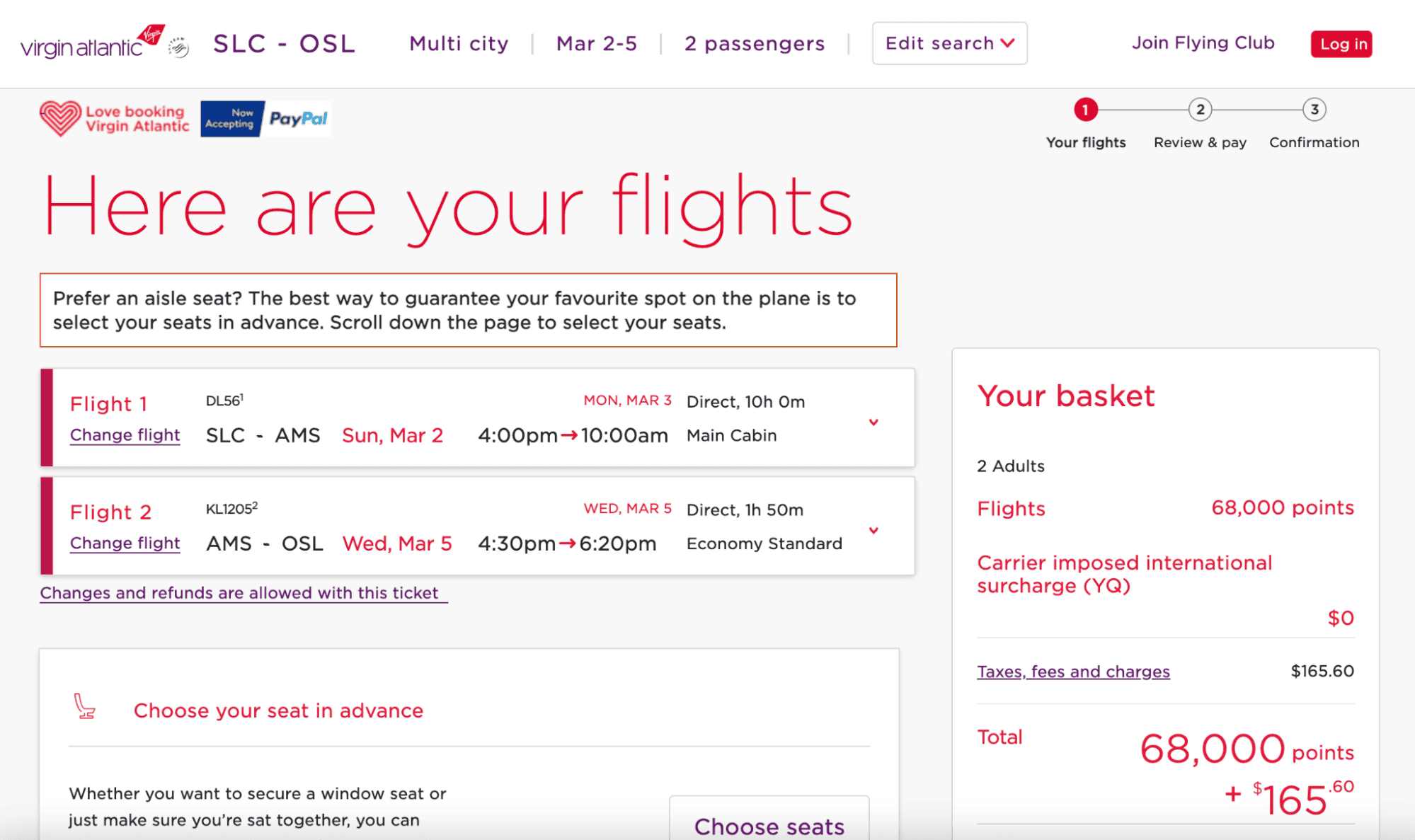 Virgin Atlantic award booking from Salt Lake City to Oslo