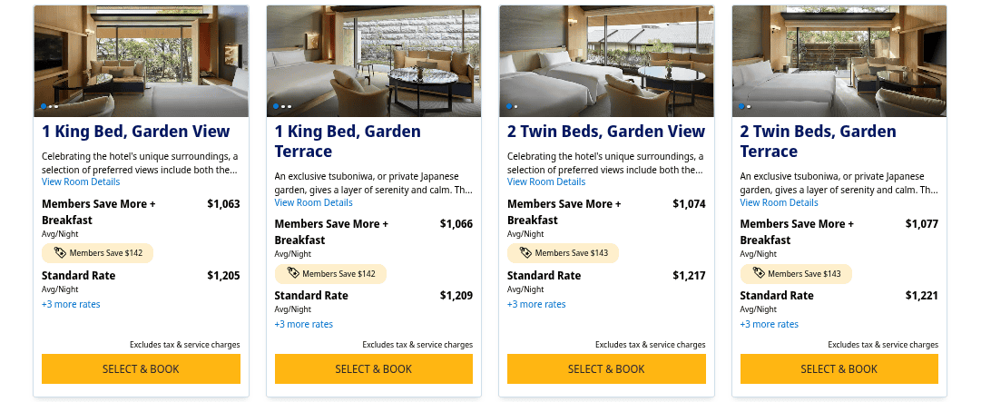 Park Hyatt Kyoto rooms cash prices per night.