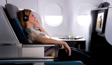 Aer Lingus business class cabin with fully lie-flat seats and mood lighting