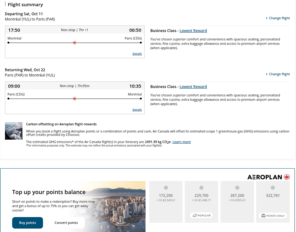Air Canada Aeroplan business class reward flight summary from Montreal to Paris and return, showing nonstop itinerary and points balance options