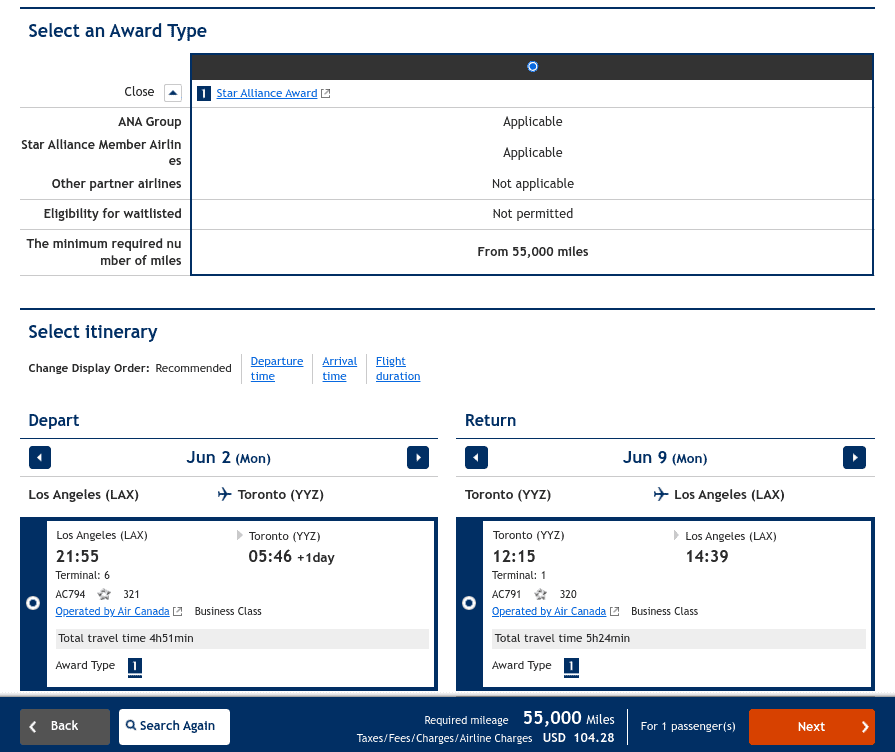 Air Canada business class award ticket Los Angeles to Toronto round trip June 2025 for 55,000 miles plus fees
