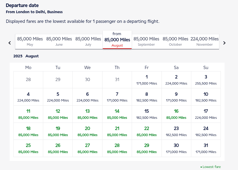 Air France award calendar showing business class flights from London to Delhi in August 2025 starting at 85,000 miles