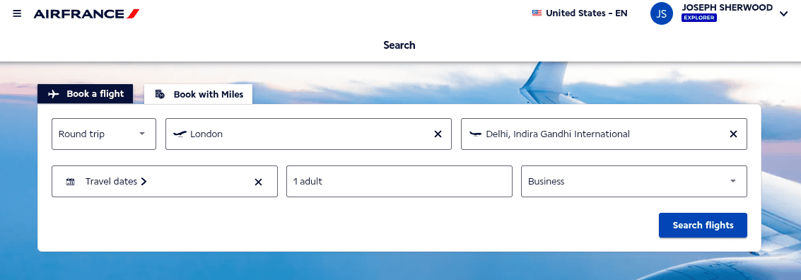 Air France flight search showing business class round trip options from London to Delhi