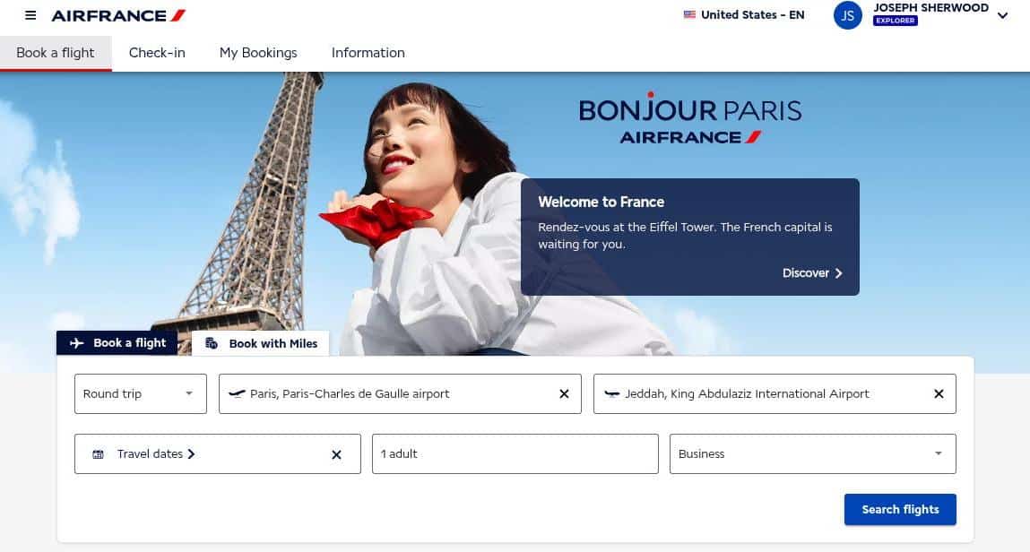 Air France website booking page