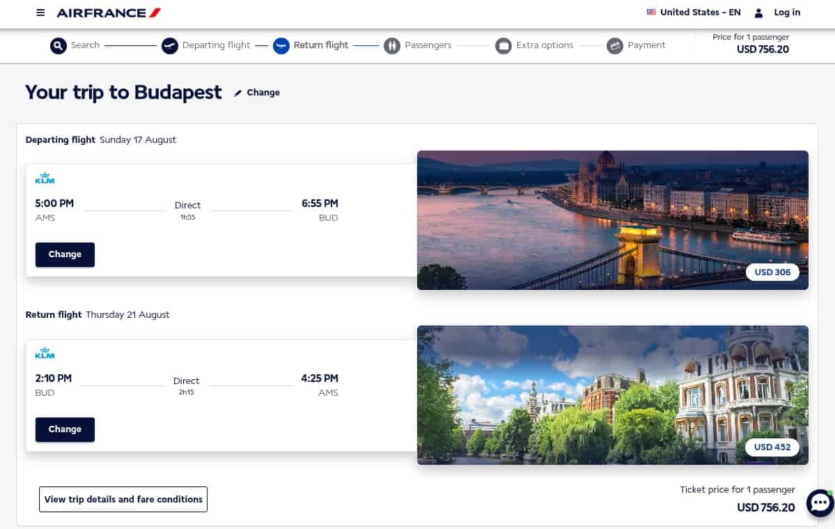 Air France trip summary for Amsterdam to Budapest business class round-trip flight with total price.