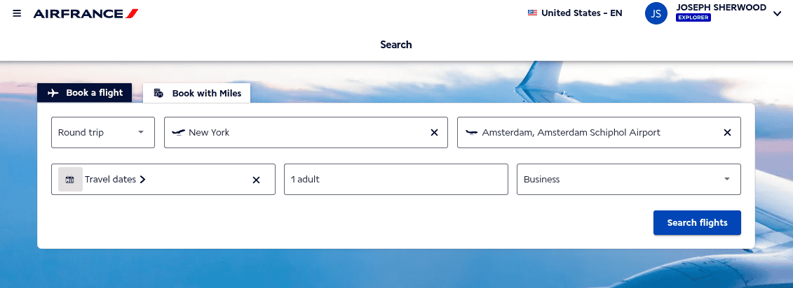 Air France booking search for New York to Amsterdam round-trip in business class.