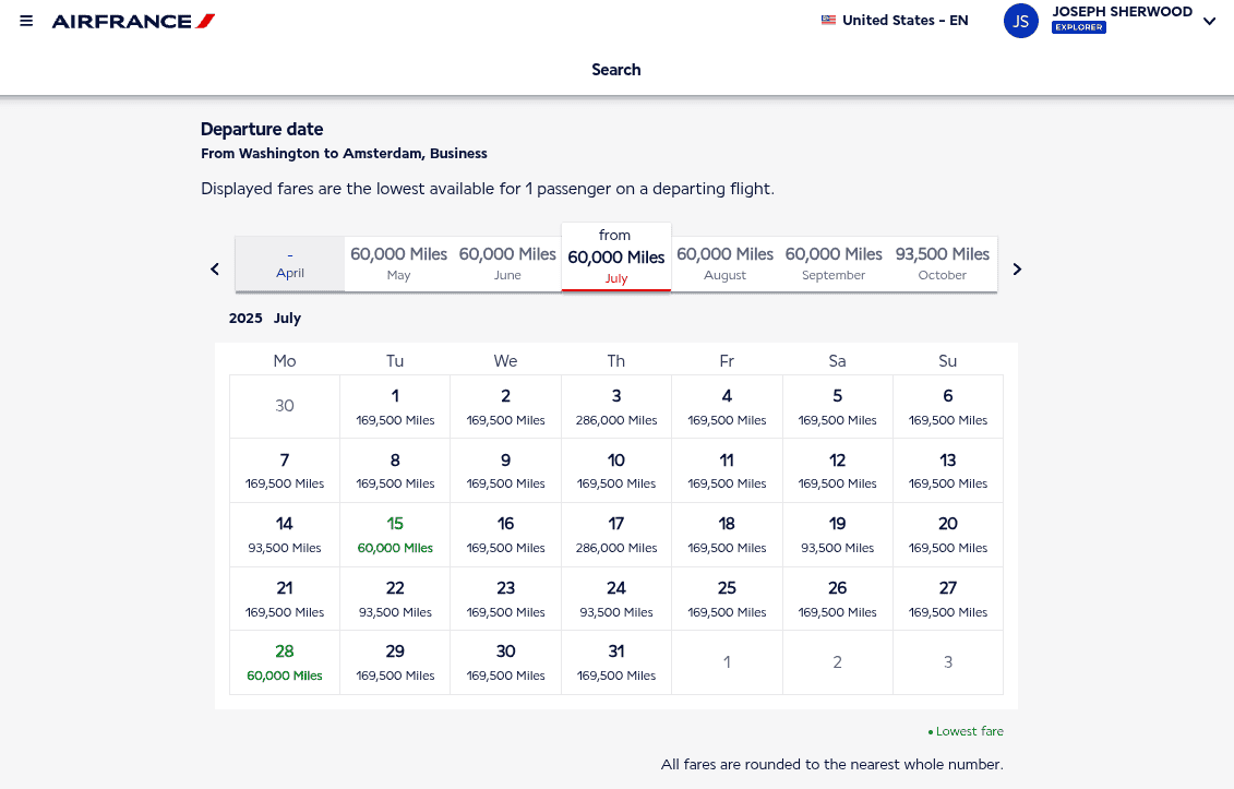Air France miles calendar for July 2025 showing Washington to Amsterdam business class award fares.