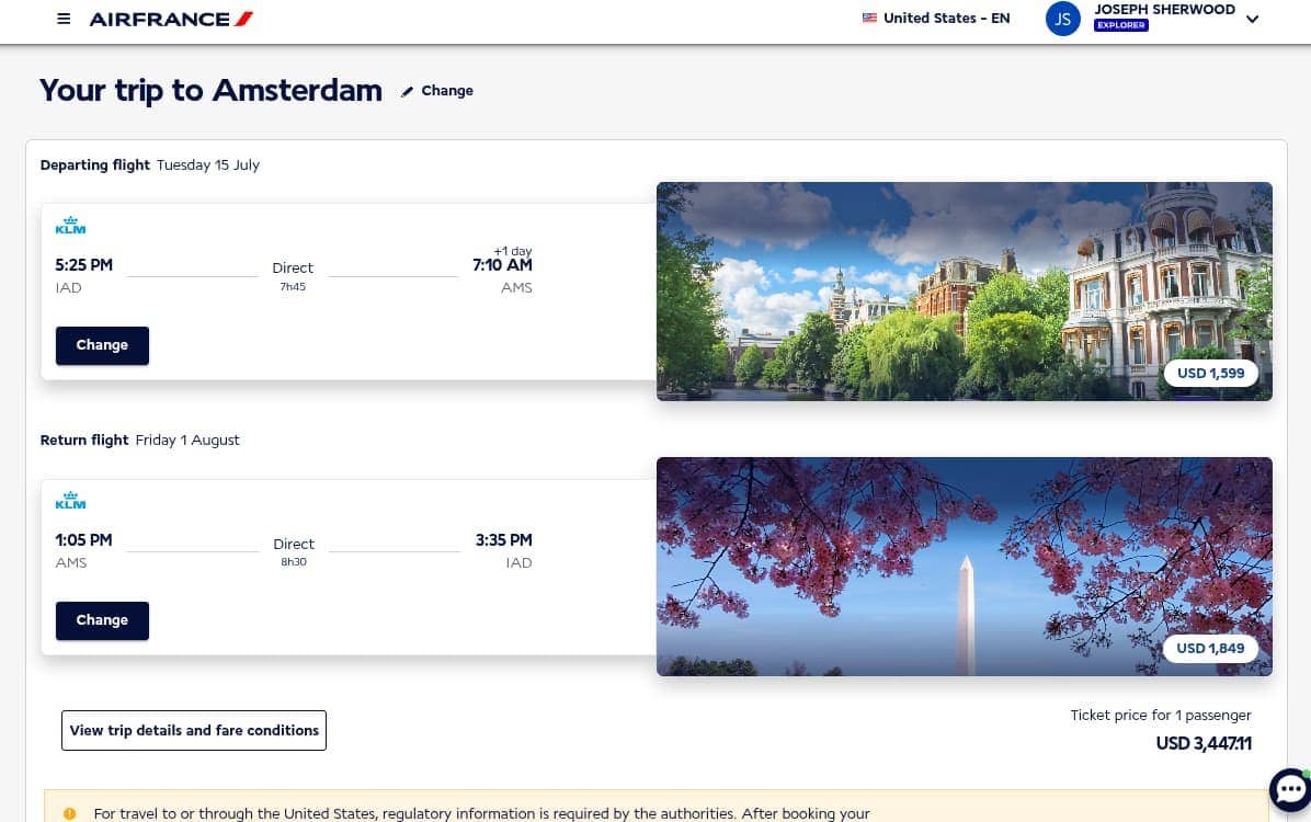 Air France trip summary showing Washington to Amsterdam business class flight with total fare.