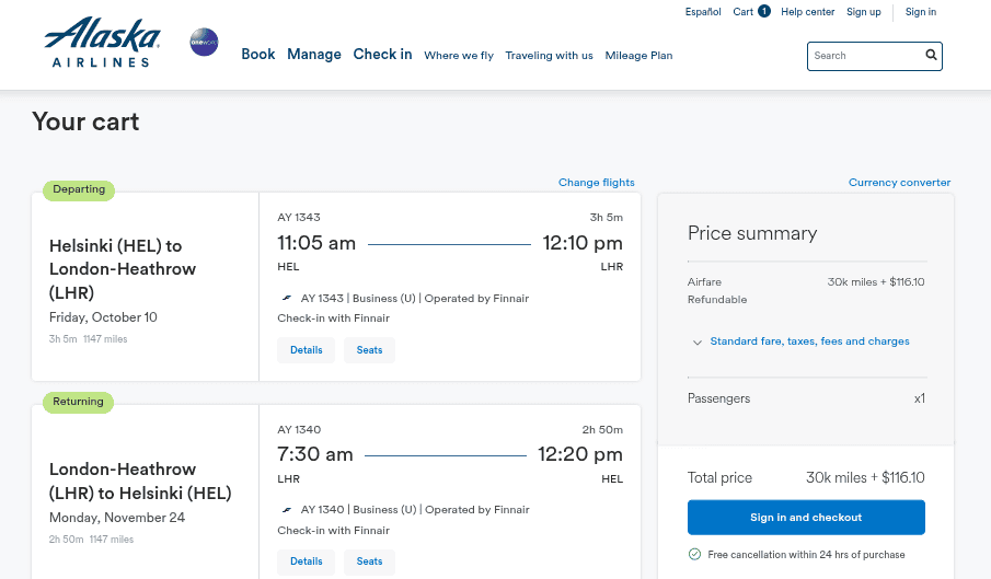 Alaska Airlines booking summary for Finnair-operated business class roundtrip from Helsinki to London Heathrow with return, priced at 30,000 miles plus $116.10.