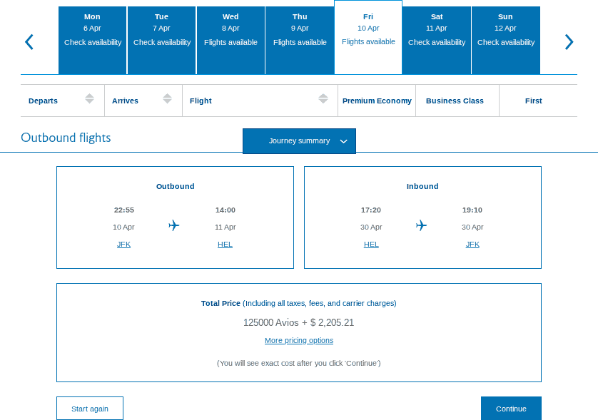 Alaska Airlines cart showing Helsinki to London roundtrip in Business Class for 30,000 miles plus $116.10