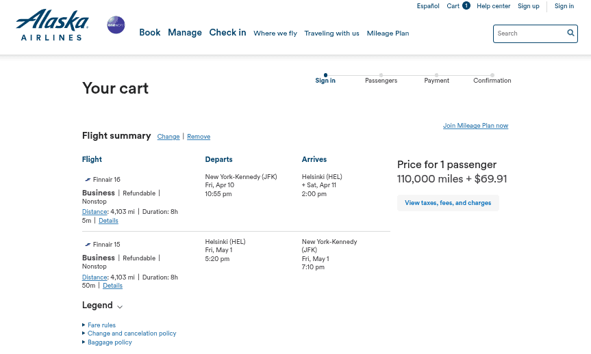 Alaska Airlines booking summary showing JFK to Helsinki round-trip in Finnair business class for 110,000 miles plus $69.91 in April 2026