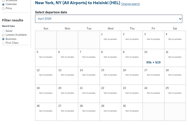 Alaska Airlines award calendar showing April 2026 business class availability from New York to Helsinki, with only April 10 available for 55k miles plus $19.