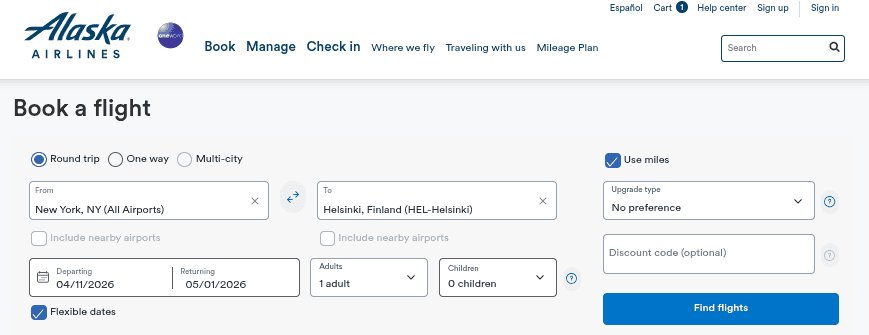 Alaska Airlines award booking search from New York to Helsinki with miles, round trip, and flexible dates selected.