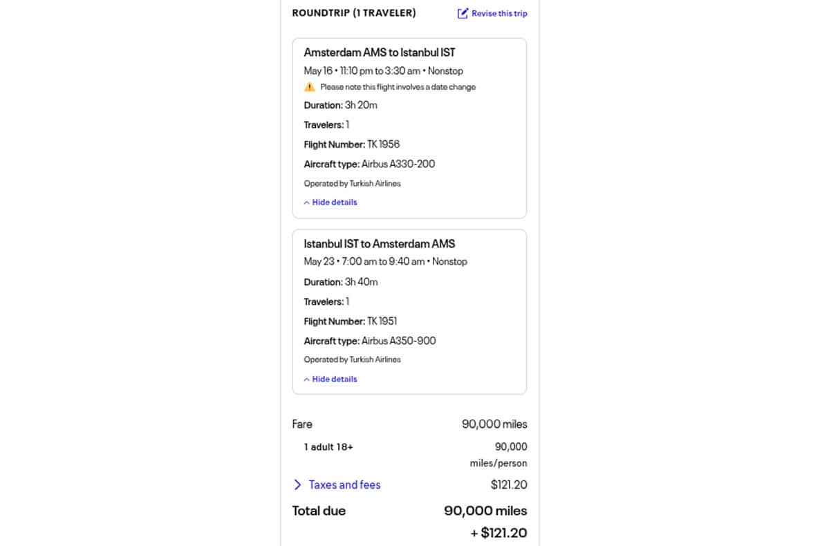Turkish Airlines business class roundtrip award flight from Amsterdam to Istanbul, departing May 16 and returning May 23 for 90,000 miles plus $121.20 in taxes.