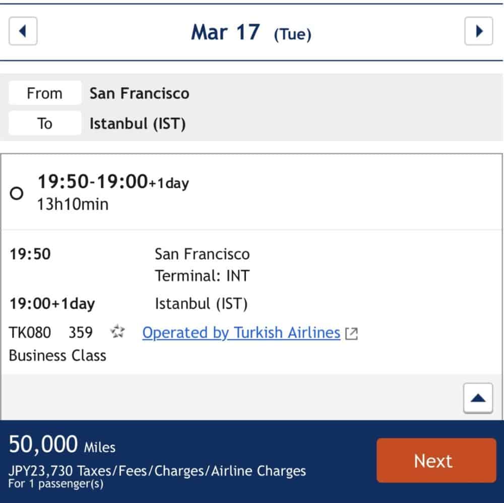 One-way business class from San Francisco to Istanbul