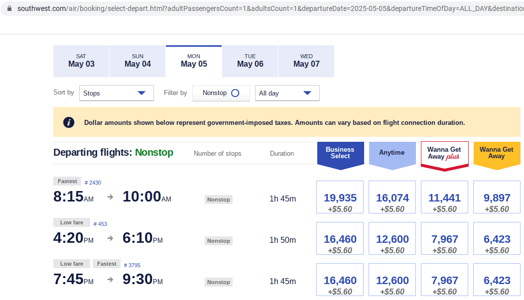 Screenshot of a Southwest Airlines flight booking page showing nonstop flights from Dallas on May 6, 2025. Three flight times are listed with fares for Business Select, Anytime, and Wanna Get Away options in Rapid Rewards points.
