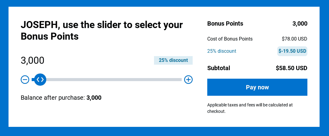 It displays 3,000 bonus points selected, a 25% discount applied, a subtotal of $58.50 USD