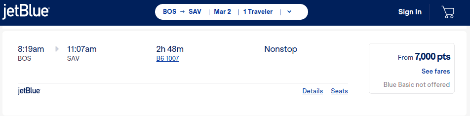 JetBlue flight search results showing a nonstop flight from Boston (BOS) to Savannah (SAV) on March 2, from 7,000 points.