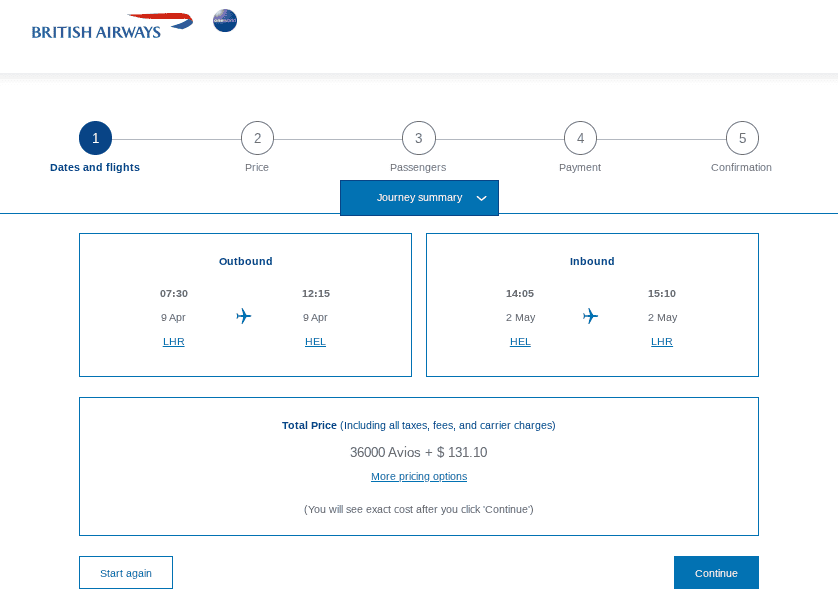 British Airways business class reward flight itinerary from London Heathrow to Helsinki round trip, April to May 2025, priced at 36,000 Avios plus $131.10.