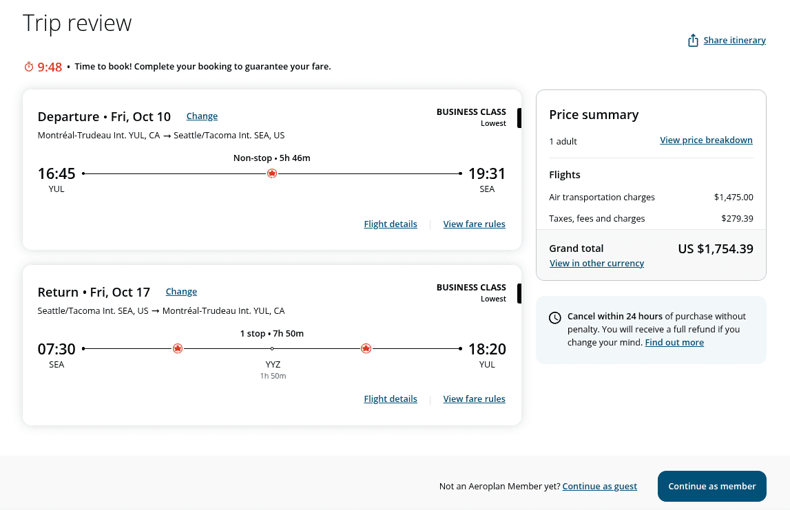 Trip review showing Air Canada business class round trip from Montreal to Seattle with return flight details and total fare breakdown of $1,754.39.