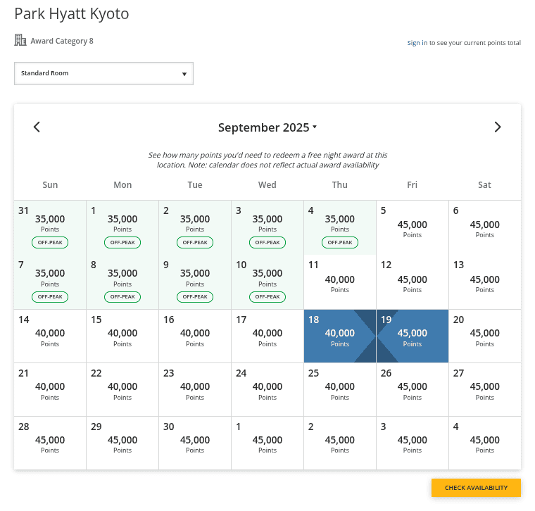 Calendar view of Park Hyatt Kyoto award points needed for a standard room.