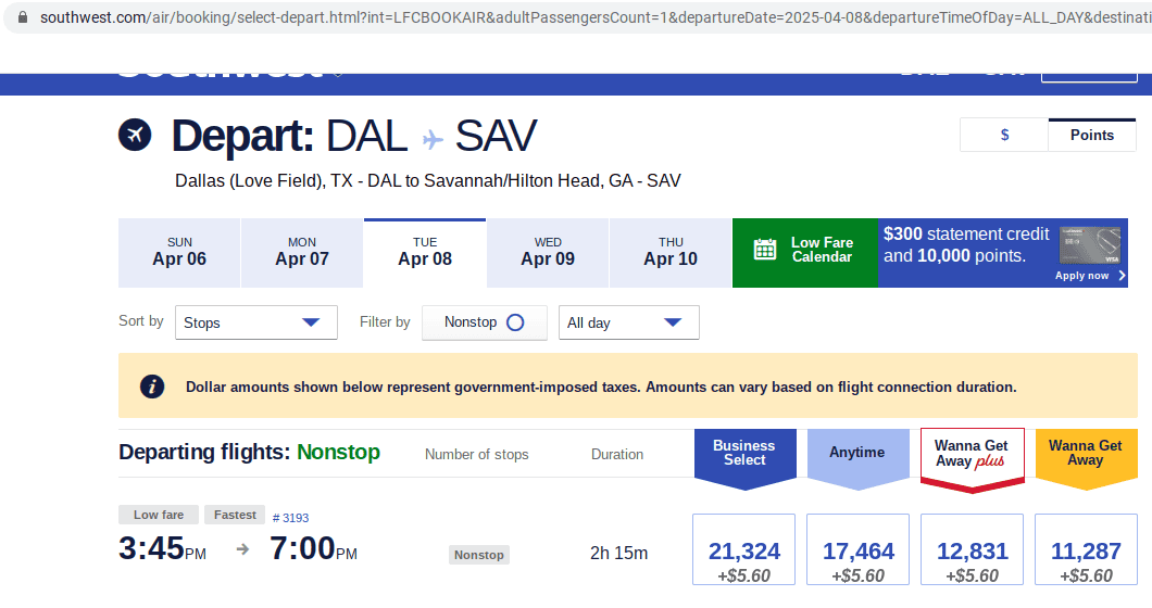 Screenshot of a Southwest Airlines booking page showing a nonstop flight from Dallas (DAL) to Savannah (SAV) on April 7. Departure at 3:45 PM, arrival at 7:00 PM. Fares listed under four categories.