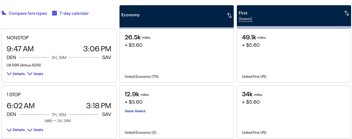 Flight options from Denver to Savannah: Economy fares from 12.9k–26.5k miles; First class from 34k–49.1k miles, plus $5.60.