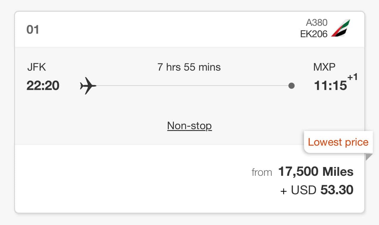 Fly Emirates from New York (JFK) and Milan (MXP) with Emirates Skywards miles.