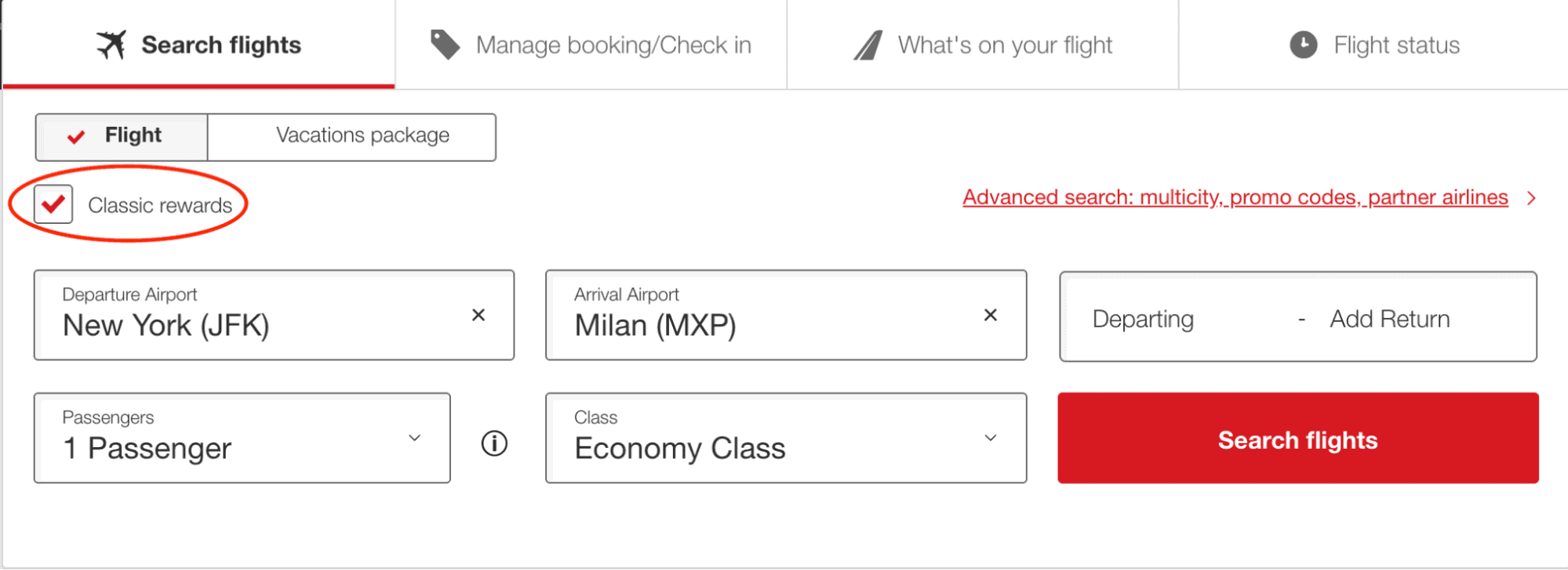 Book flight with Emirates.com Classic rewards from JFK to MXP