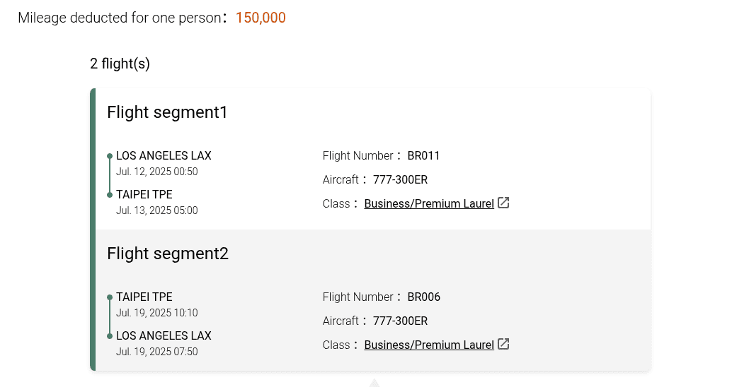Flight itinerary showing roundtrip from Los Angeles (LAX) to Taipei (TPE).