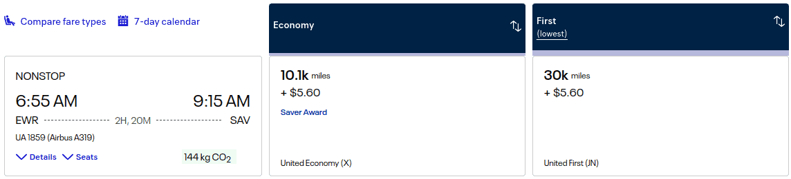 Flight search result: Nonstop UA 8959 from Newark (EWR) to Savannah (SAV), Economy: 10.1k miles + $5.60. First class: 30k miles + $5.60.