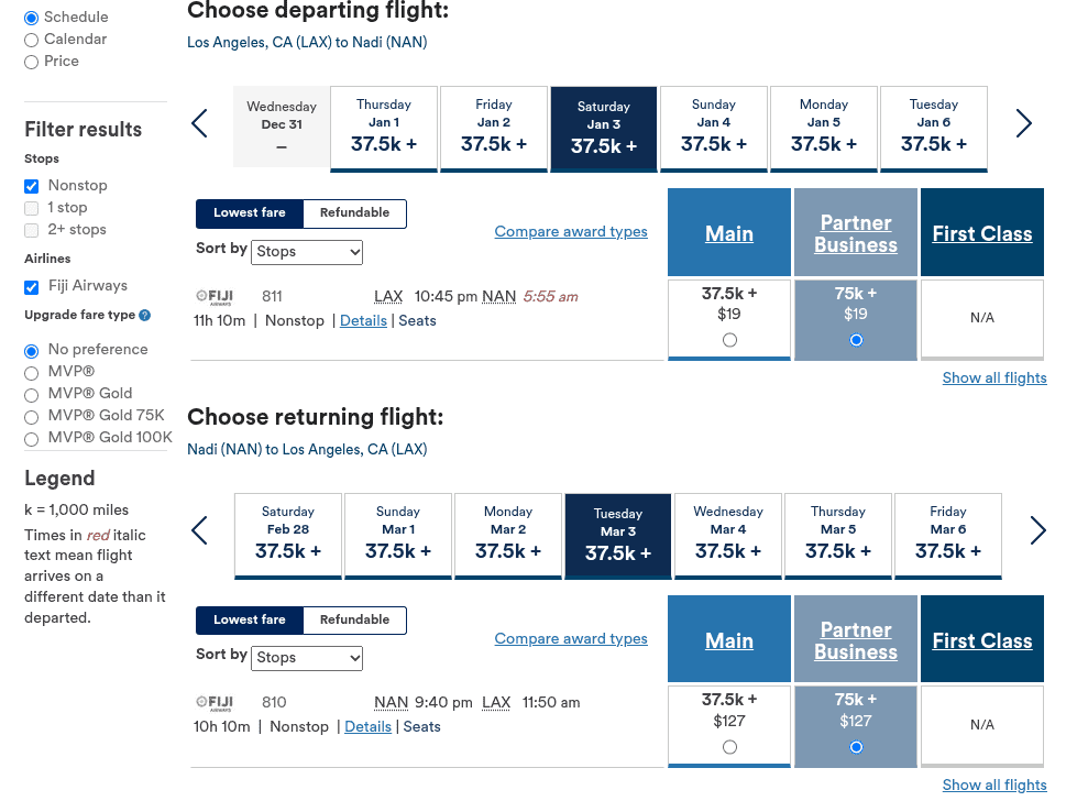 Fiji Airways award chart showing business class flights from Los Angeles (LAX) to Nadi (NAN) for 75k miles plus taxes.