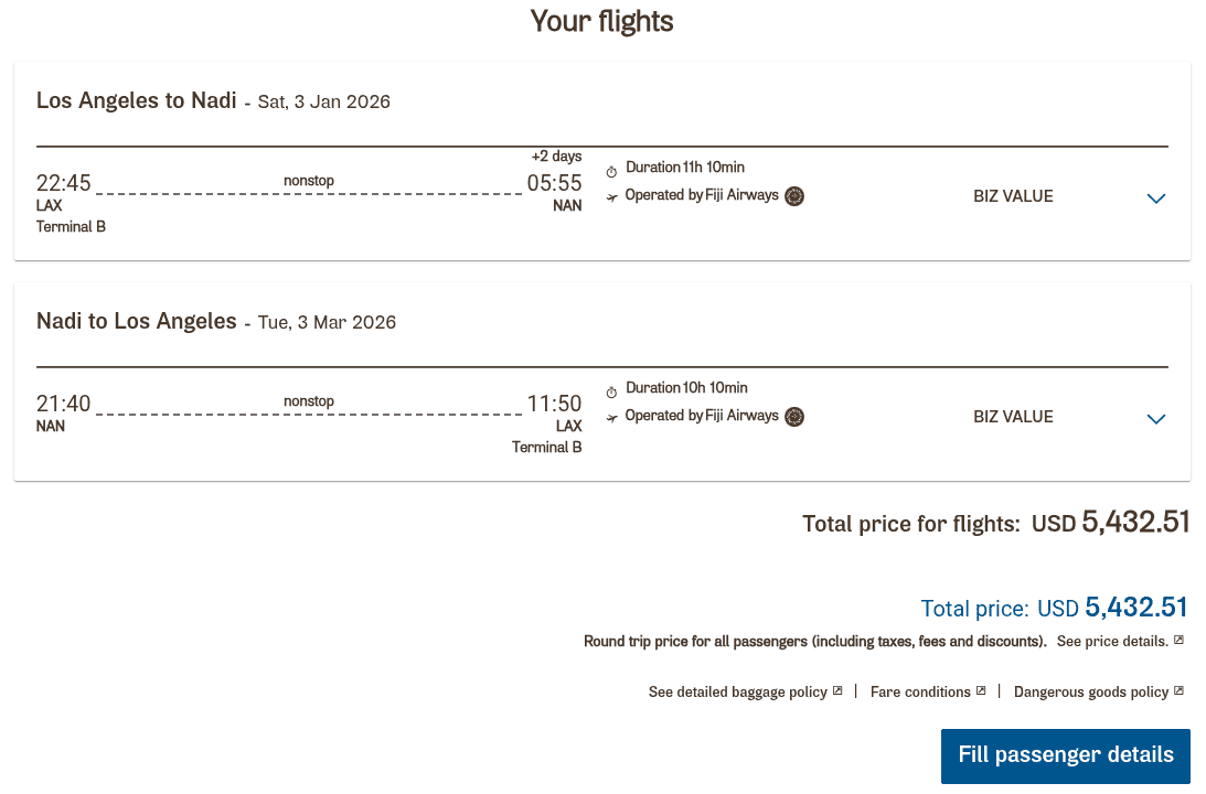 Fiji Airways business class roundtrip itinerary from Los Angeles to Nadi priced at $5,432.51 for January–March 2026.