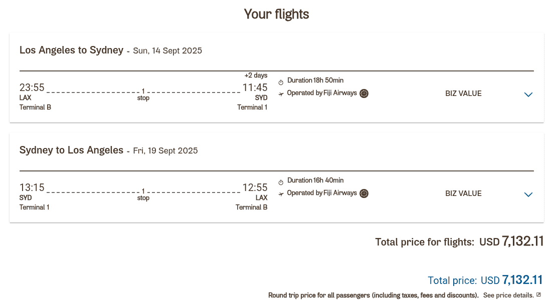 Fiji Airways business class itinerary from Los Angeles to Sydney round-trip via Nadi in September 2025, priced at $7,132.11.