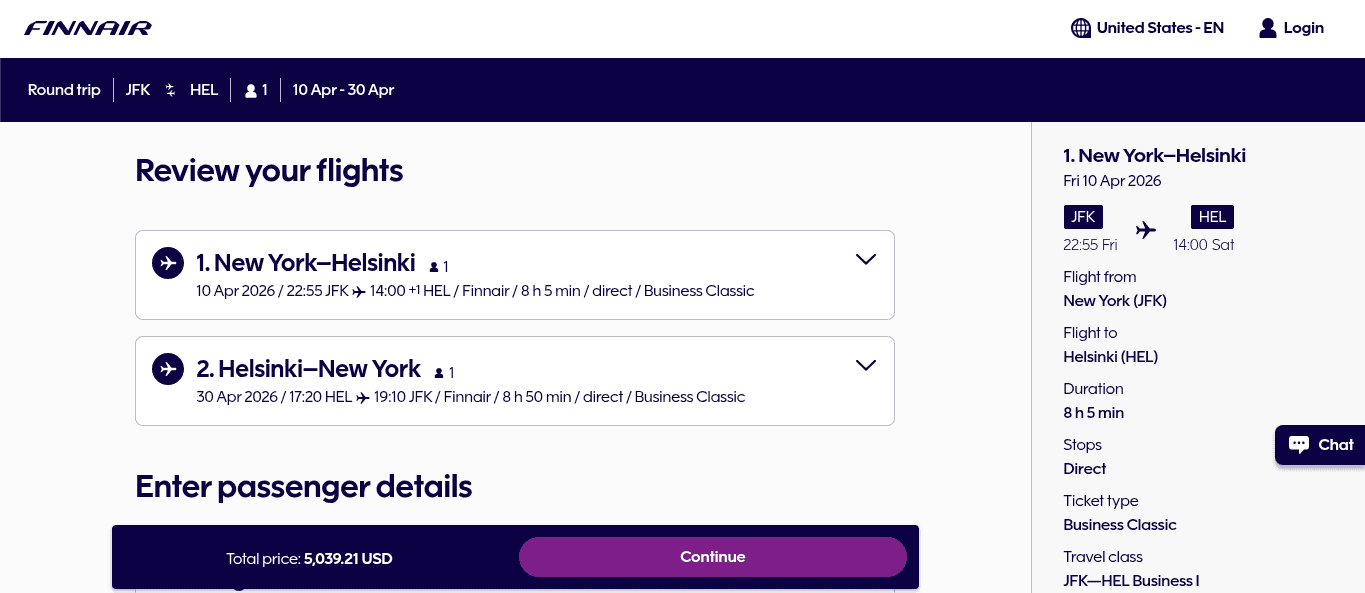Finnair business class round-trip fare from New York to Helsinki in April 2026 showing total price of $5,039.21 USD.
