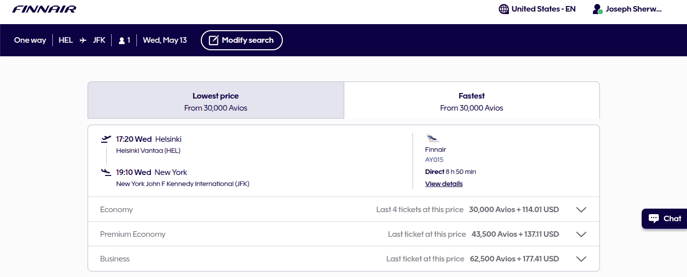 Finnair one-way Avios redemption from Helsinki HEL to New York JFK showing economy, premium economy, and business class prices.
