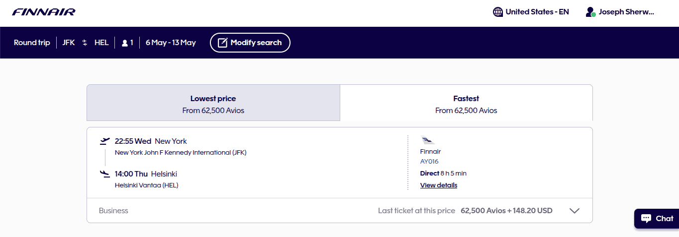 Finnair business class award flight from New York to Helsinki for 62,500 Avios plus $148.20 in May 2026