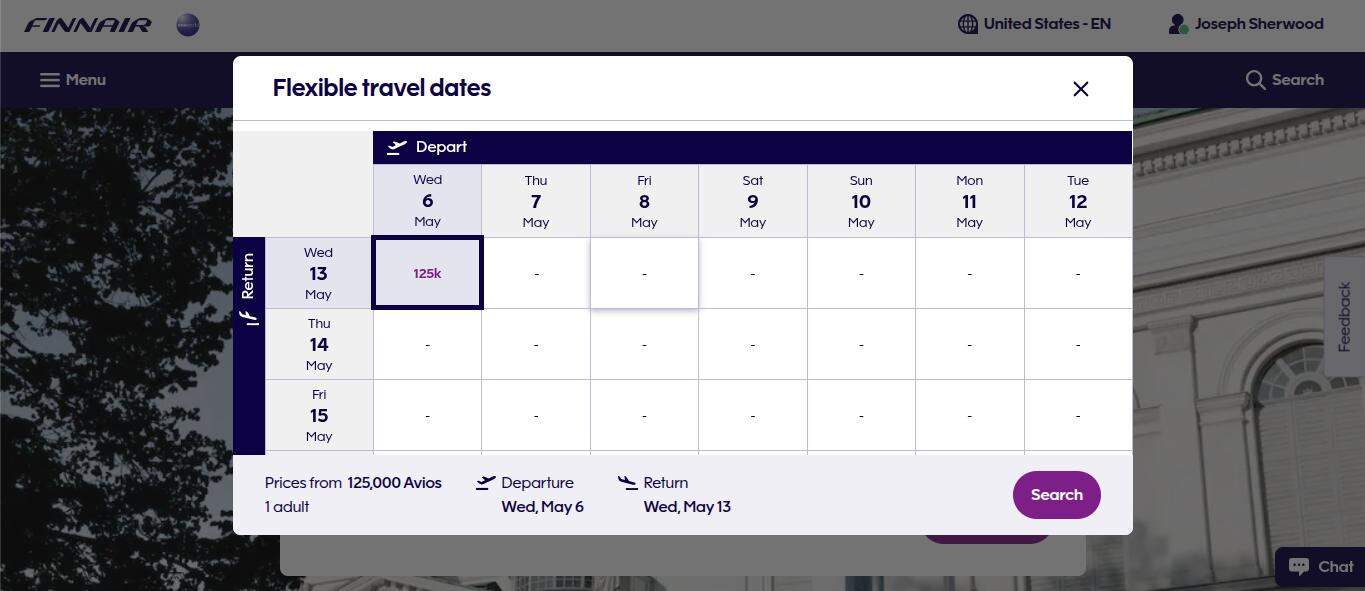 Finnair flexible travel dates calendar showing May 2026 flights priced at 125,000 Avios for one adult.