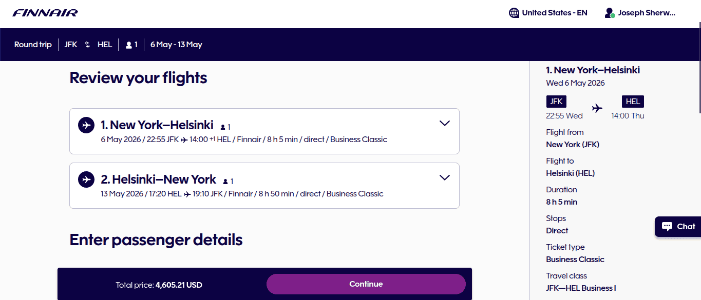 Finnair booking summary for round-trip business class flights from New York to Helsinki in May 2026 with total price of $4,605.21.