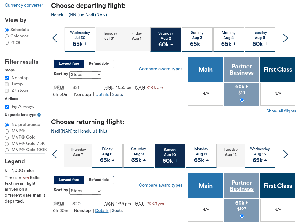 Award flight search showing Fiji Airways business class roundtrip from Honolulu to Nadi for 60K miles plus $146 in taxes.