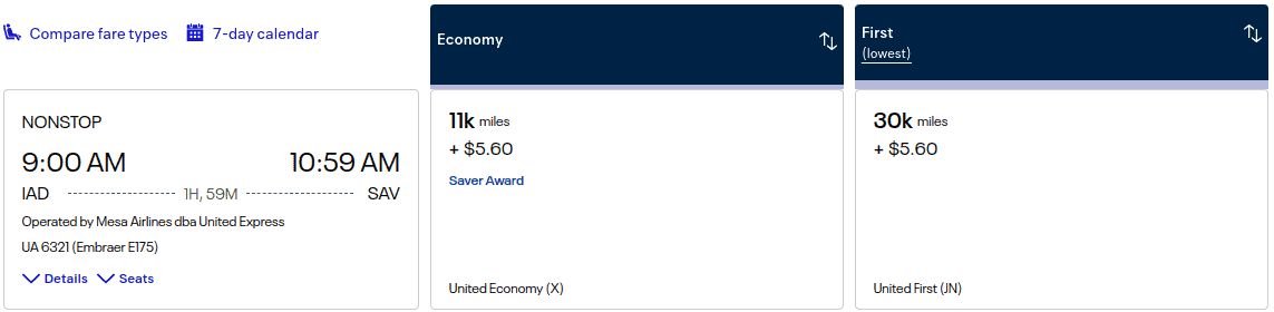 Screenshot of a flight search result showing a nonstop flight from IAD to SAV, departing at 9:00 AM and arriving at 10:59 AM. Economy class is 11k miles plus $5.60; first class is 30k miles plus $5.60.
