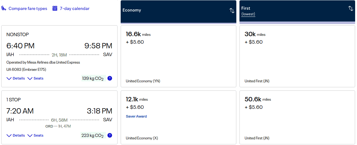 Flight options from IAH to SAV on JetBlue: nonstop at 6:40 PM or 1-stop at 7:20 AM. Economy seats from 12.1k to 16.6k miles, first class from 30k to 50.6k miles, plus $5.60. CO2 emissions shown for each flight.