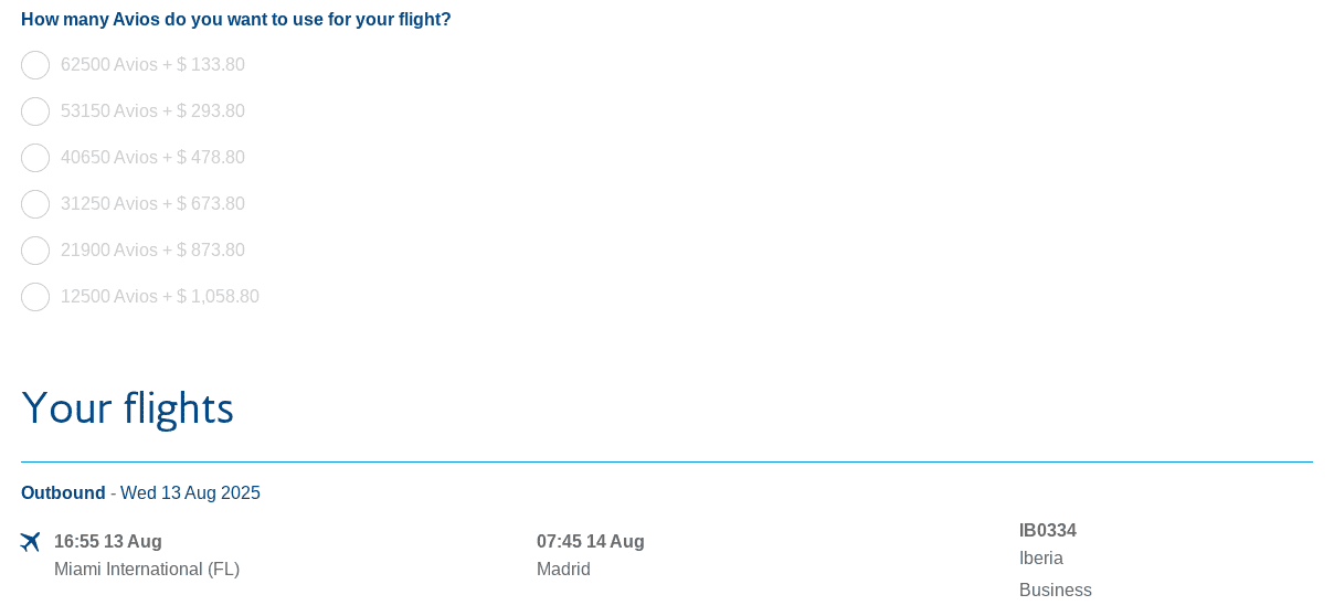 Iberia business class award flight from Miami to Madrid on August 13, 2025, showing Avios redemption options with cash co-pays.