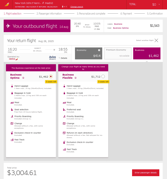 Iberia Business Class flight booking summary from New York JFK to Madrid in August 2025 showing fare options Optima and Flexible with total price $3,004.61.