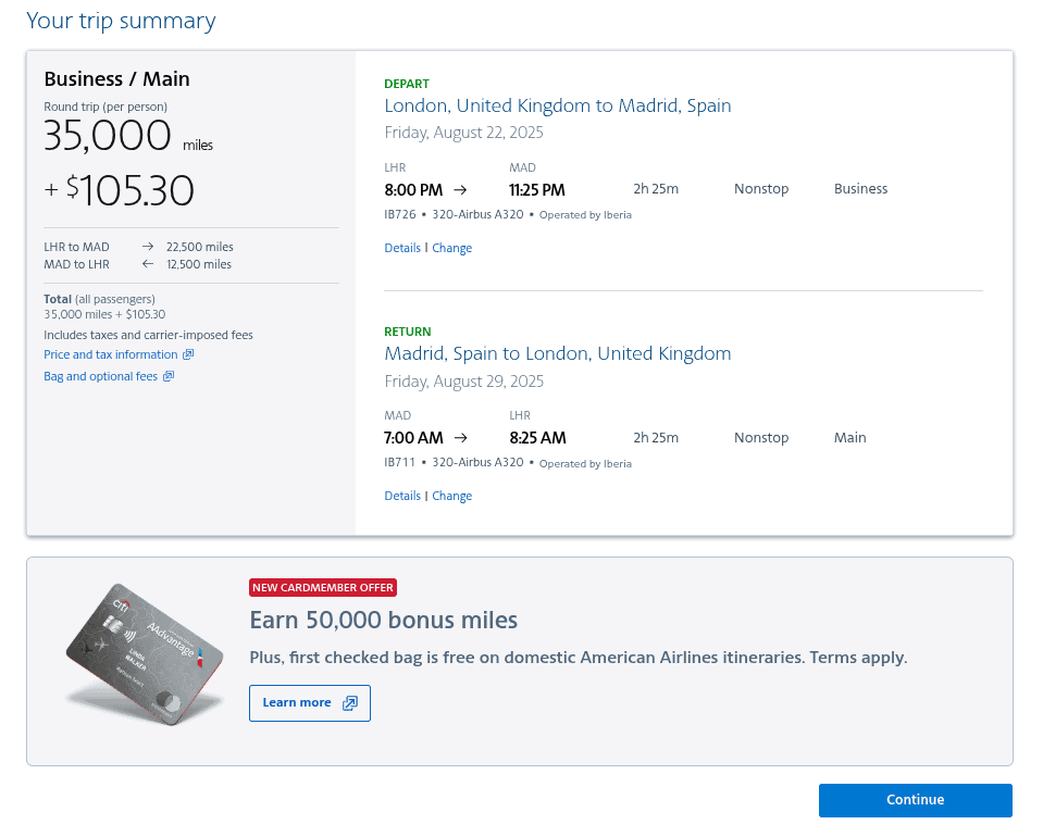 Iberia business class award booking summary showing London to Madrid round trip for 35,000 miles plus $105.30 in taxes and fees.