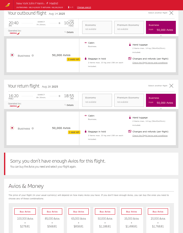 Iberia business class award flight from New York JFK to Madrid for 50,000 Avios each way, showing limited seat availability and Avios purchase options.