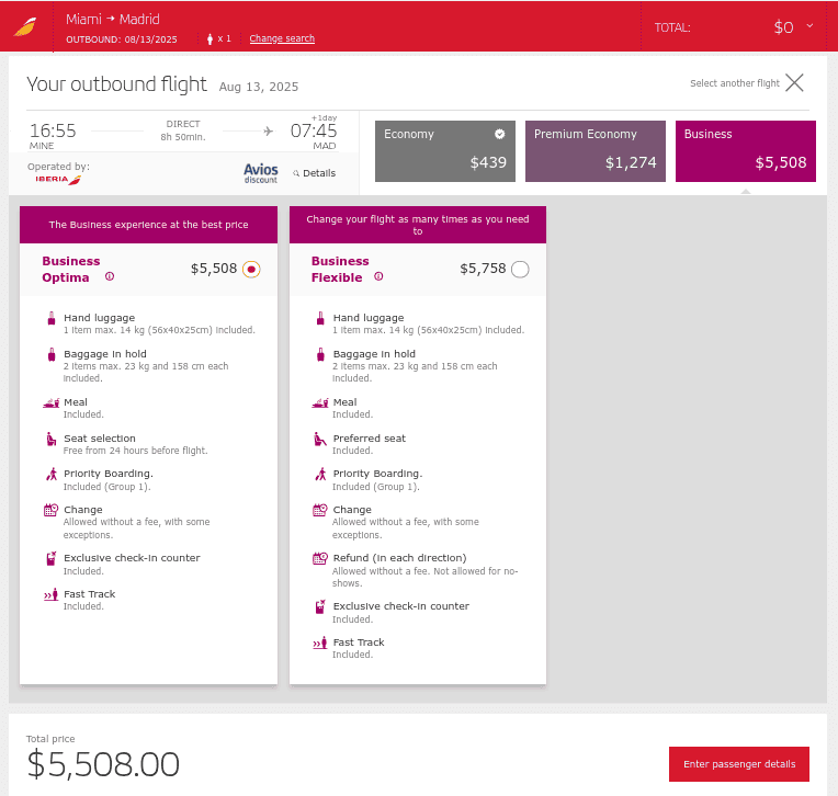 Iberia Miami to Madrid business class fare options for August 2025 showing Business Optima at $5,508 and Business Flexible at $5,758.