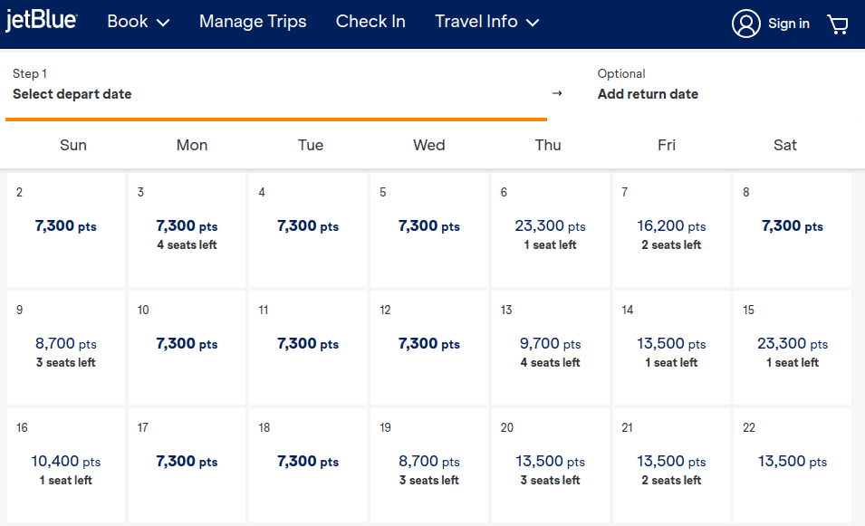 A JetBlue flight booking calendar shows one-way points prices. Most weekdays cost 7,300 points; weekends and some Fridays cost 13,500 to 23,300 points.